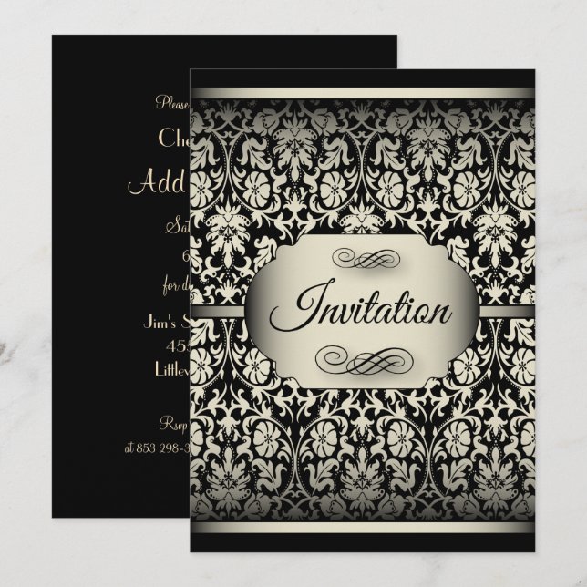 Invitation Modèles de fête en damas argent et noir antique (Devant / Derrière)