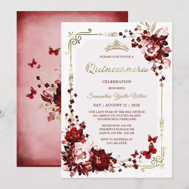 Invitation Modèles de Quinceanera Bourgogne et Or (Devant / Derrière)