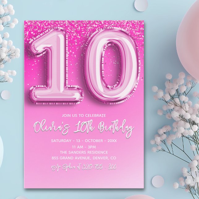 Invitation Modern 10th Birthday Girl with Pink Number Balloon (Créateur téléchargé)