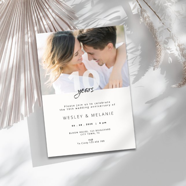 Invitation Modern 10th Wedding Anniversary with Photo  (modern 10th wedding anniversary invitation with photo)