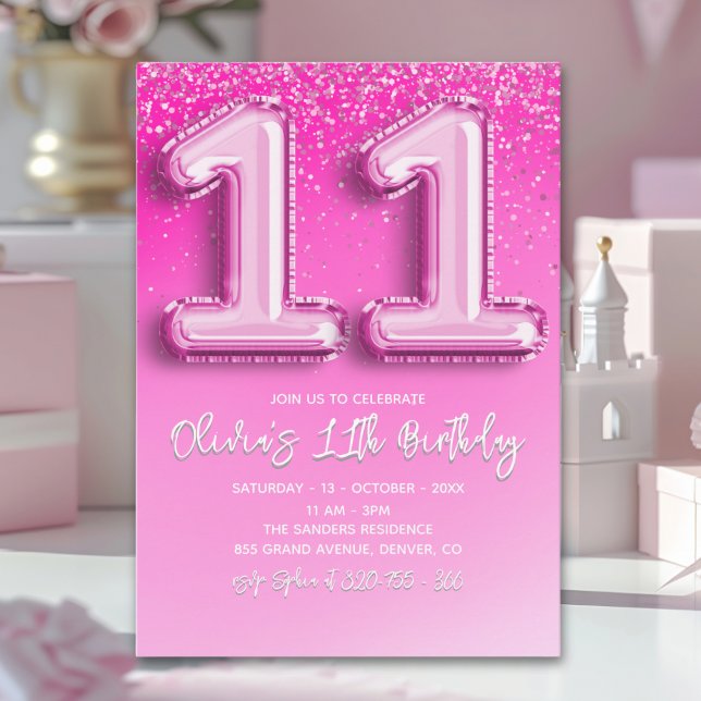 Invitation Modern 11th Birthday Girl with Pink Number Balloon (Créateur téléchargé)