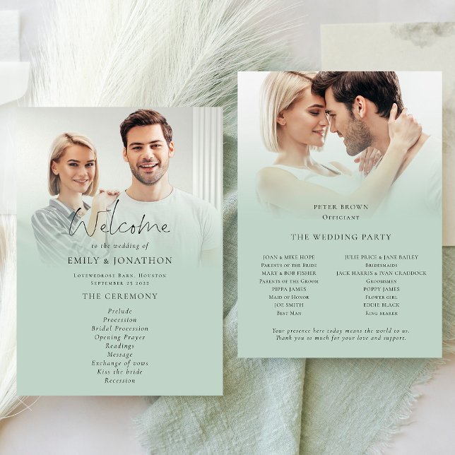 Invitation Modern 2 Photo Overlay Script Sage Wedding Program (Front and back of program available as a digital download or printed)