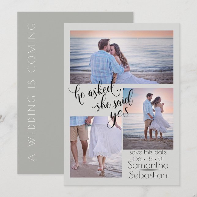 Invitation Modern 3 Photo Elle dit Oui Sauvez la date (Devant / Derrière)