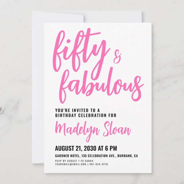 Invitation Modern 50 and Fabulous Pink 50th Birthday Party (Devant)