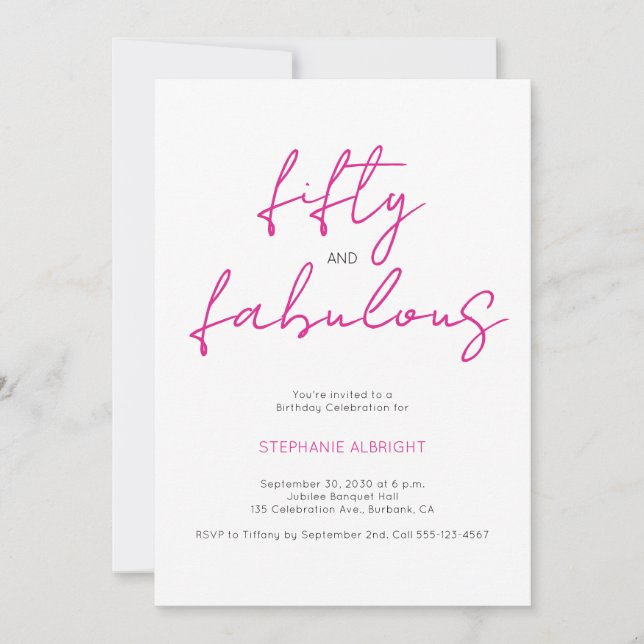 Invitation Modern 50 and Fabulous Pink 50th Birthday Party In (Devant)