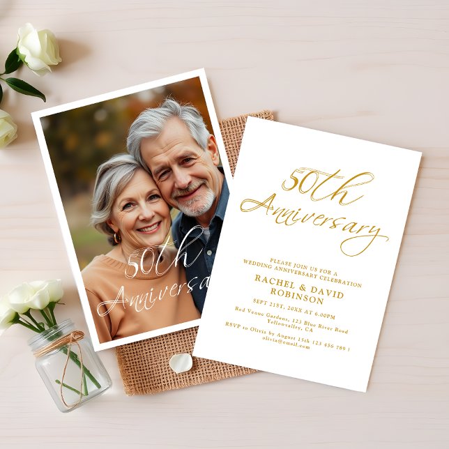 Invitation Modern 50th Wedding Anniversary Gold Script Photo (Créateur téléchargé)