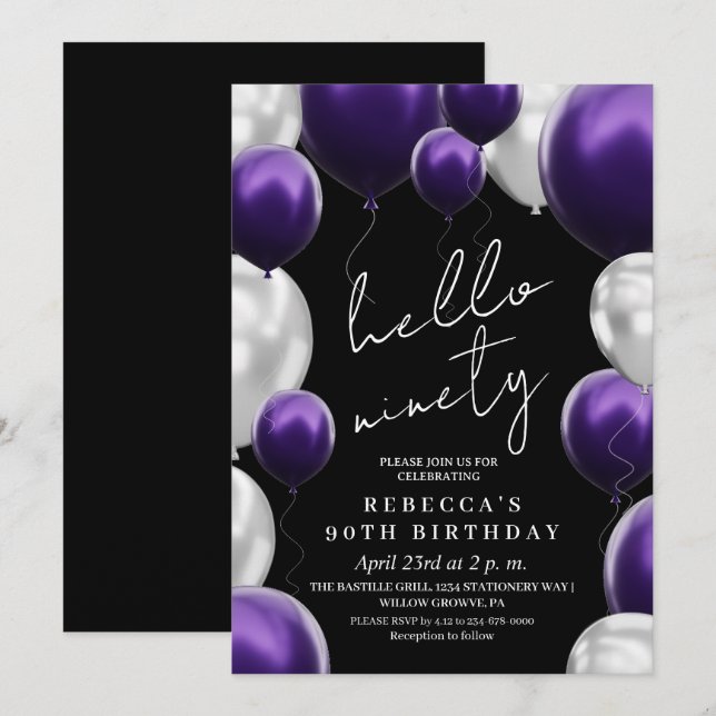 Invitation Modern 90th Birthday Black Silver Purple Balloons  (Devant / Derrière)