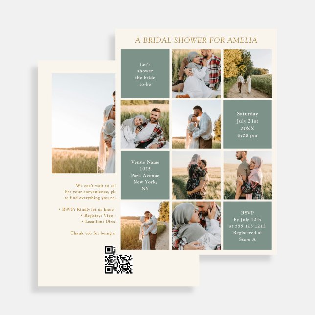 Invitation Modern 9 Photo Collage Sage Green Bridal Shower (Créateur téléchargé)