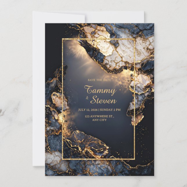 Invitation Modern Abstract Dark Navy Gilded Geode Wedding (Devant)