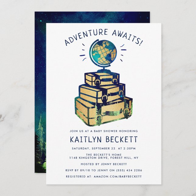 Invitation Modern Adventure Travel Baby shower (Devant / Derrière)