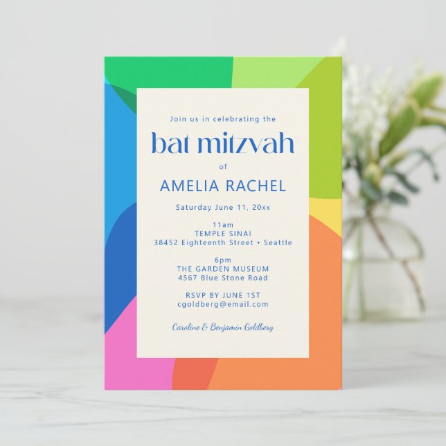 Invitation Modern Aesthetic Bat Mitzvah Colorful Geometric (Debout devant)