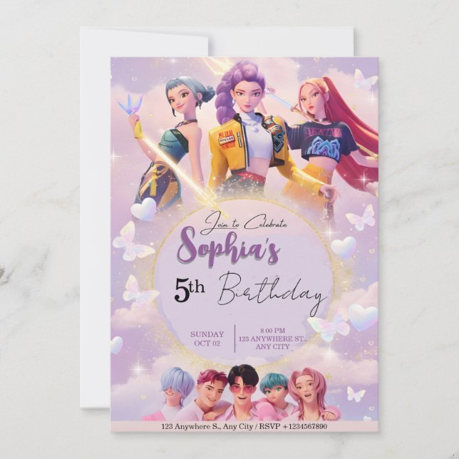 Invitation Modern Anime Girl Squad Neon Purple Birthday  (Devant)