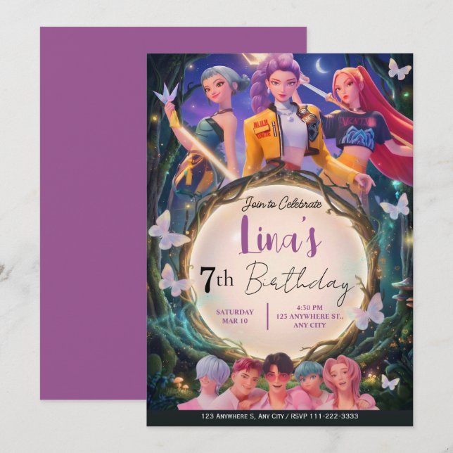 Invitation Modern Anime Girl Squad Neon Purple Birthday (Devant / Derrière)