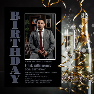 Invitation Modern Any Age Black Grey Photo Fête d'anniversair
