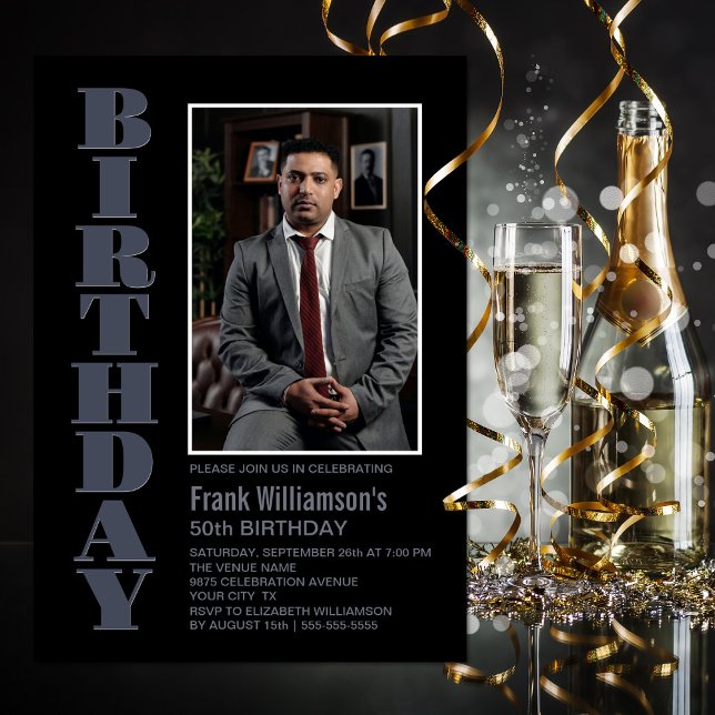 Invitation Modern Any Age Black Grey Photo Fête d'anniversair (Créateur téléchargé)