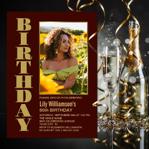 Invitation Modern Any Age Bourgogne Gold Photo Anniversaire