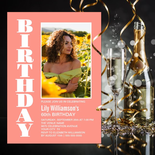 Invitation Modern Any Age Coral Blanc Photo fête d'anniversai (Créateur téléchargé)