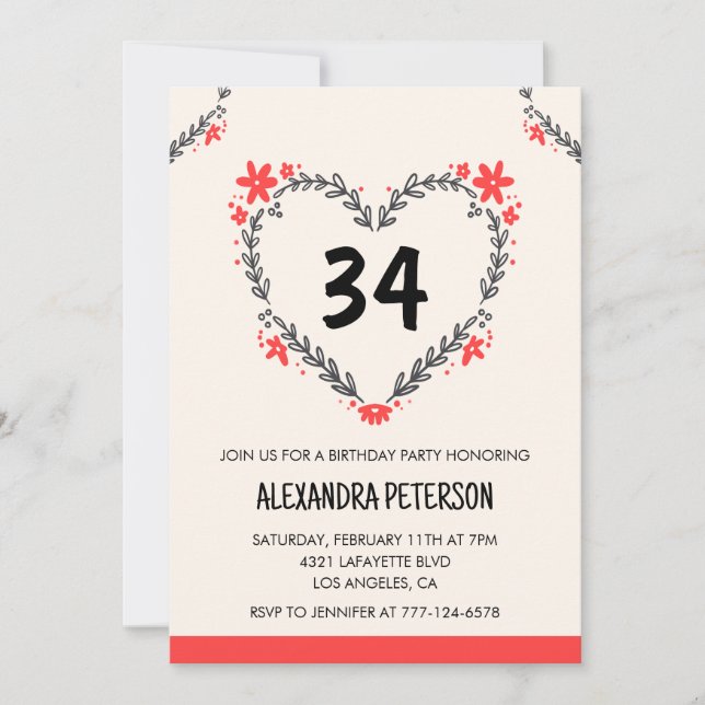 Invitation Modern Any age Floral Heart pour son 34e anniversa (Devant)
