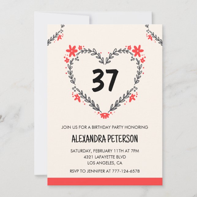 Invitation Modern Any age Floral Heart pour son 37e anniversa (Devant)