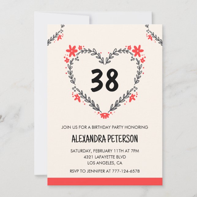 Invitation Modern Any age Floral Heart pour son 38e anniversa (Devant)