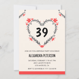 Invitation Modern Any age Floral Heart pour son 39e anniversa