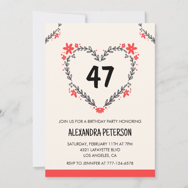 Invitation Modern Any age Floral Heart pour son 47e anniversa (Devant)