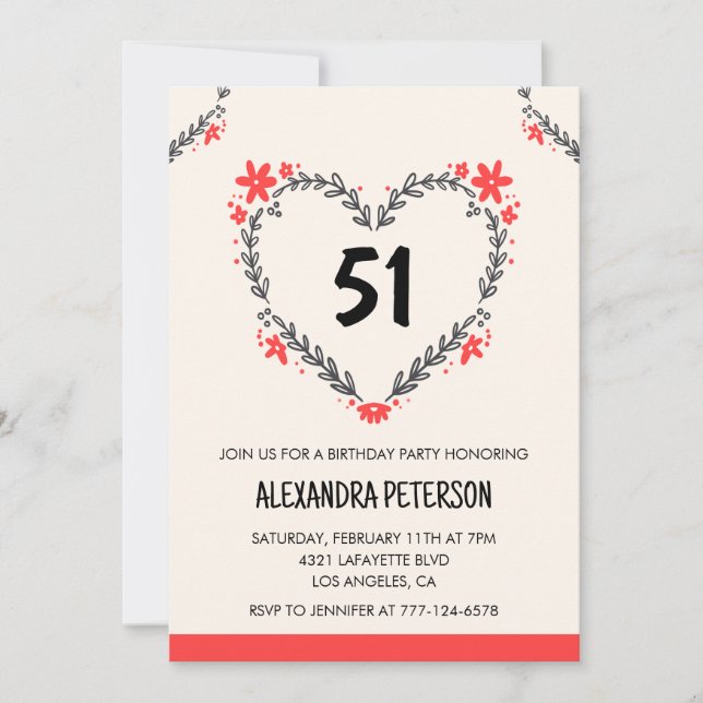 Invitation Modern Any age Floral Heart pour son 51e anniversa (Devant)