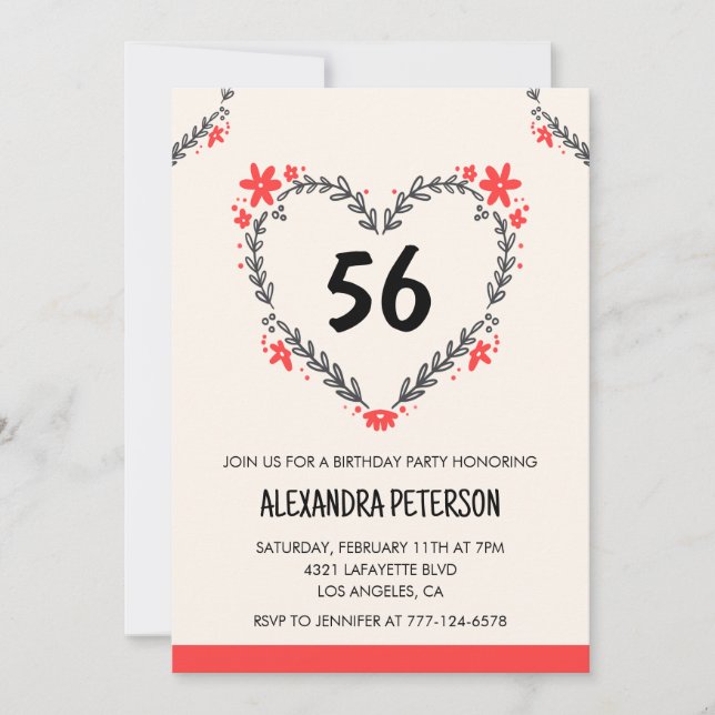 Invitation Modern Any age Floral Heart pour son 56e anniversa (Devant)