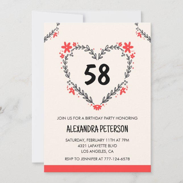 Invitation Modern Any age Floral Heart pour son 58e anniversa (Devant)