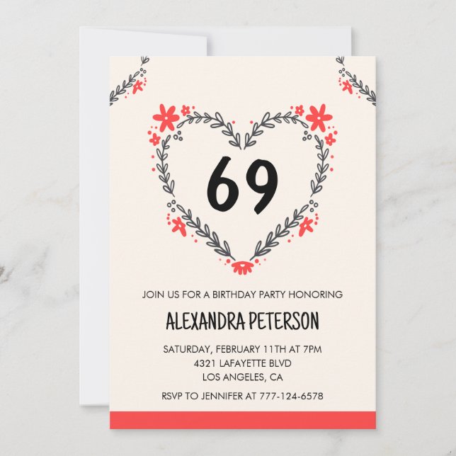 Invitation Modern Any age Floral Heart pour son 69e anniversa (Devant)