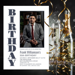 Invitation Modern Any Age Grey White Photo Fête d'anniversair