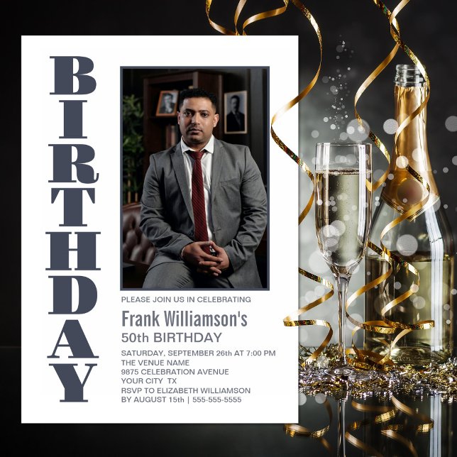 Invitation Modern Any Age Grey White Photo Fête d'anniversair (Créateur téléchargé)