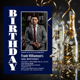 Invitation Modern Any Age Marine Blue White Photo Anniversair