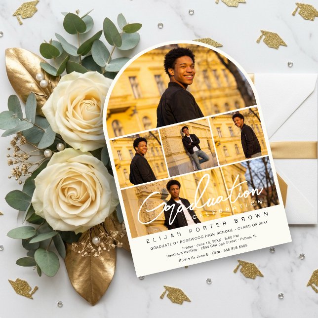 Invitation Modern Arch Multi Photo Collage Graduate TMF26 (Modern Arch Multi Photo Graduate Celebration Invitation with Stylish Five Photo Collage Layout.)