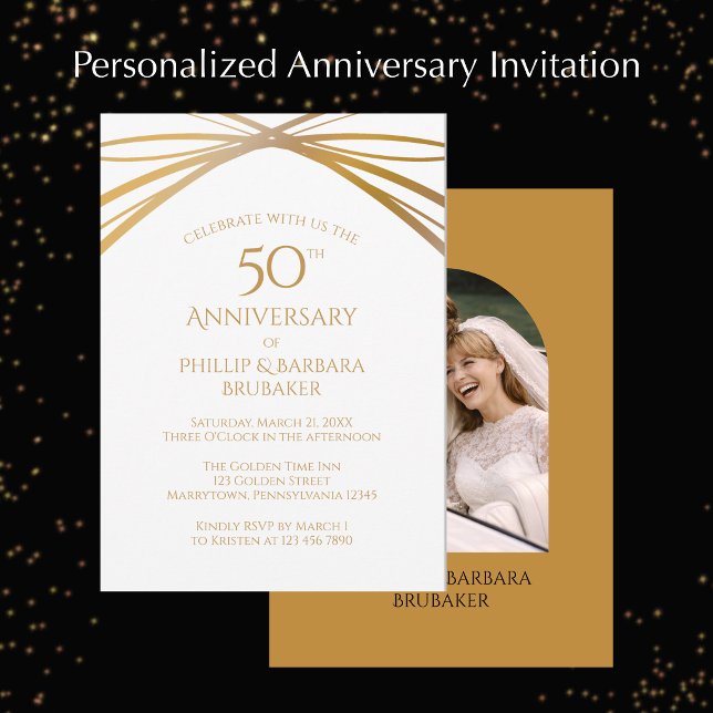 Invitation Modern Arch Photo Golden 50th Anniversary Party (Personalize these elegant arch photo Golden 50th wedding anniversary invitations.
)