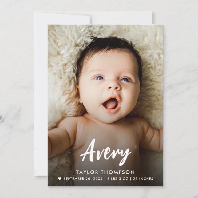 Invitation Modern Baby Name Brush script custom photo birth  (Devant)