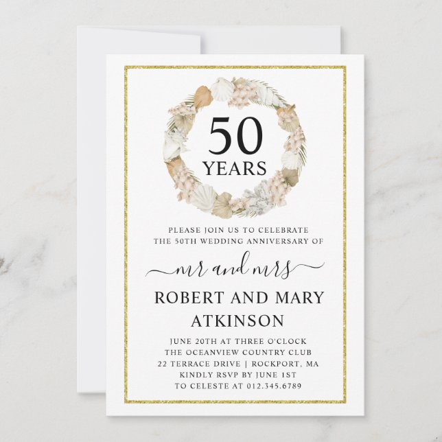 Invitation Modern Beach Boho 50ème fête Mariage (Devant)