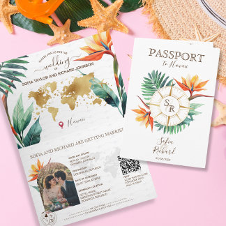 Invitation Modern Beach Destination Mariage Passeport QR Code