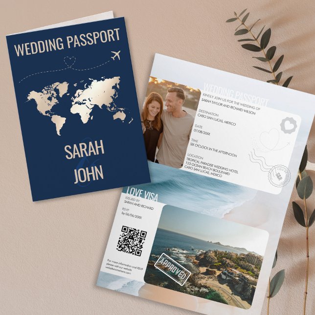 Invitation Modern Beach Passeport Destination Mariage Code QR (modern passport and visa wedding invitation)