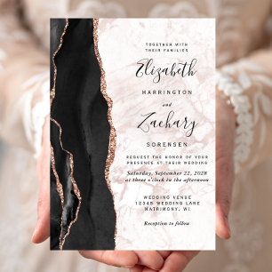 Invitation Modern Black Agate Rose Gold Marble Wedding
