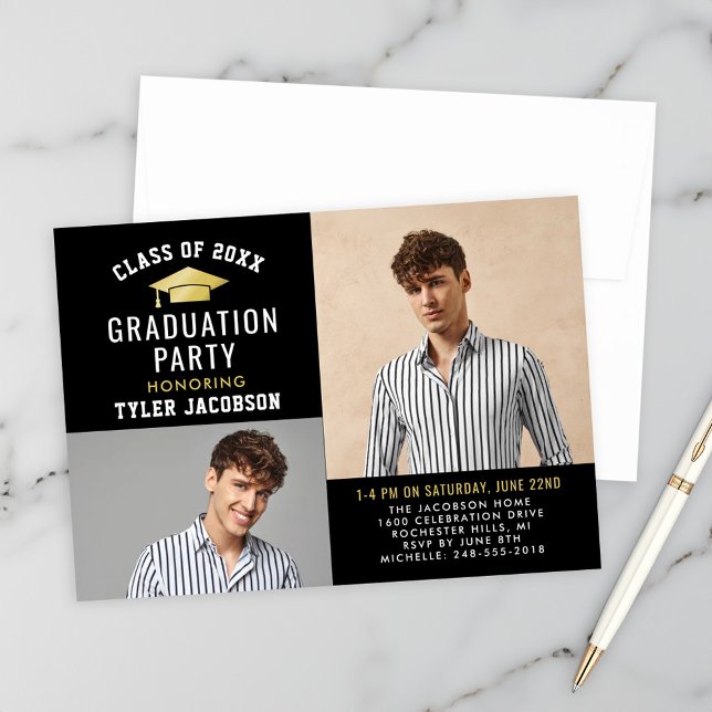 Invitation Modern Black and Gold 2025 Photo Graduate Party (Créateur téléchargé)