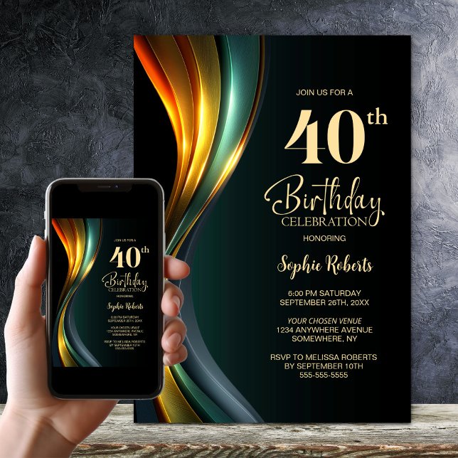 Invitation Modern Black and Gold 40th Birthday Party (Créateur téléchargé)