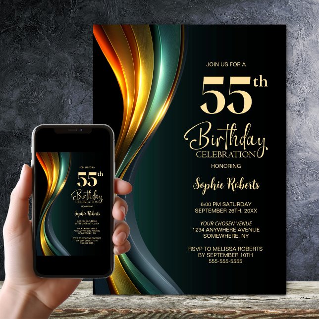 Invitation Modern Black and Gold 55th Birthday Party (Créateur téléchargé)