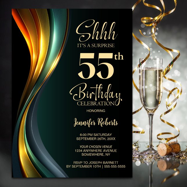 Invitation Modern Black and Gold Surprise 55th Birthday Party (Créateur téléchargé)