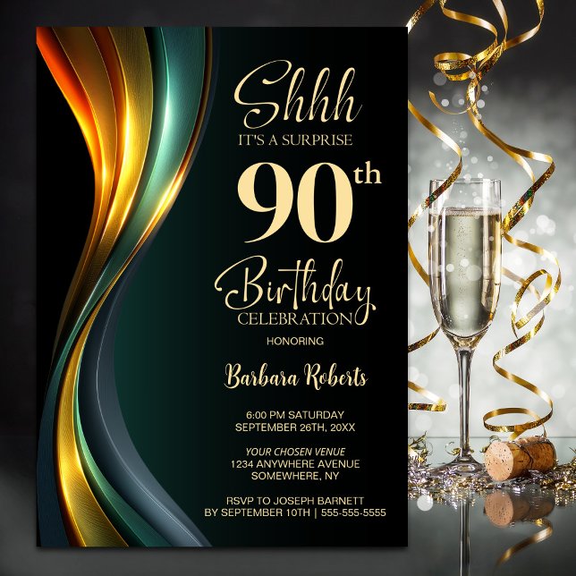 Invitation Modern Black and Gold Surprise 90th Birthday Party (Créateur téléchargé)