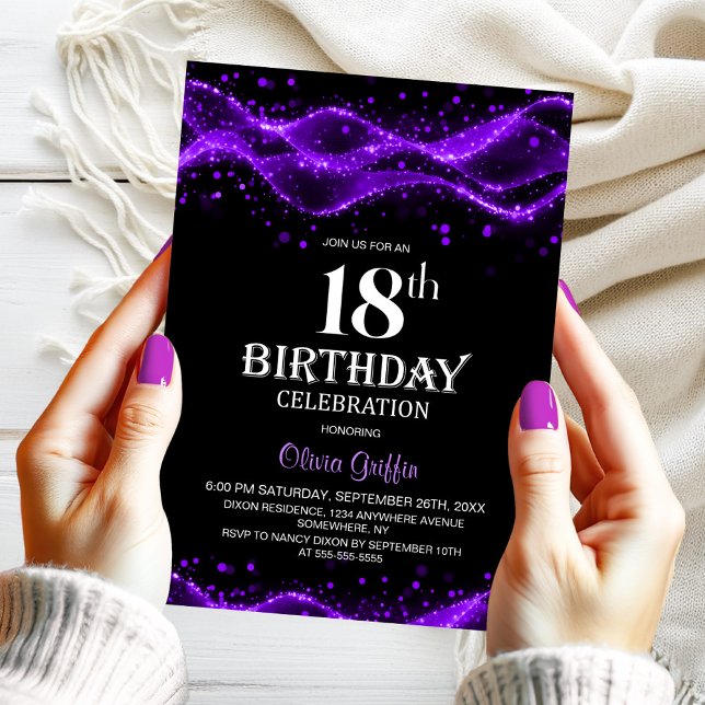 Invitation Modern Black and Purple 18th Birthday Party (Créateur téléchargé)