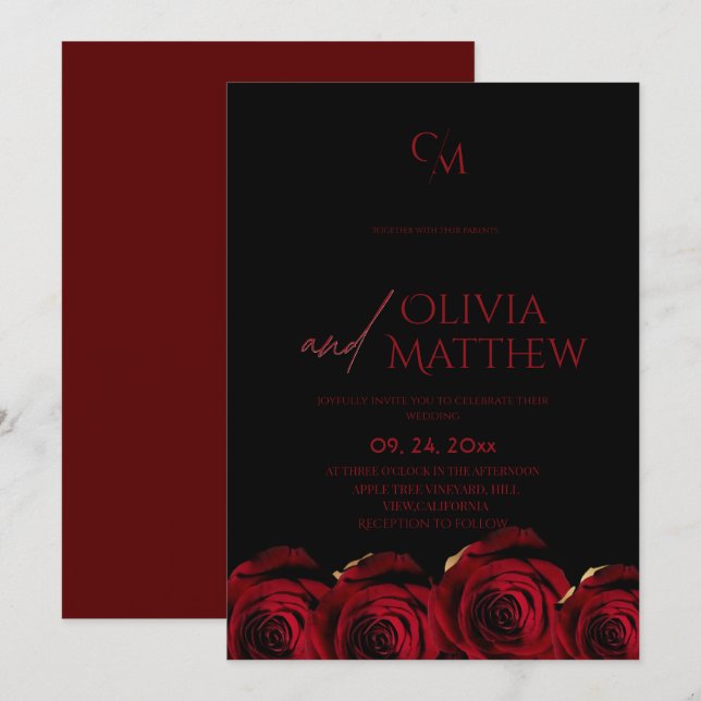 Invitation Modern Black and Red Roses Wedding (Devant / Derrière)