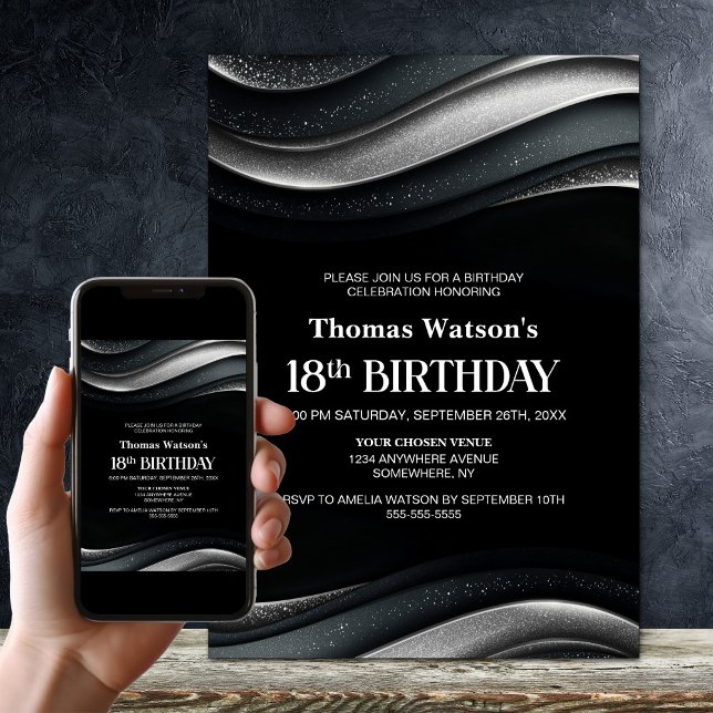 Invitation Modern Black and Silver 18th Birthday Party (Créateur téléchargé)
