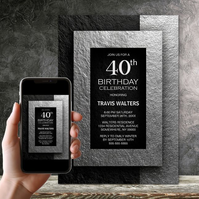 Invitation Modern Black and Silver 40th Birthday Party (Créateur téléchargé)