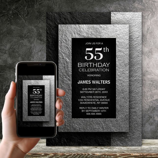 Invitation Modern Black and Silver 55th Birthday Party (Créateur téléchargé)